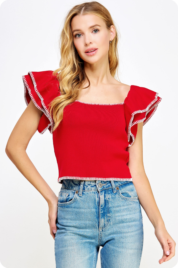 Maya Flutter Sleeve Top in Red