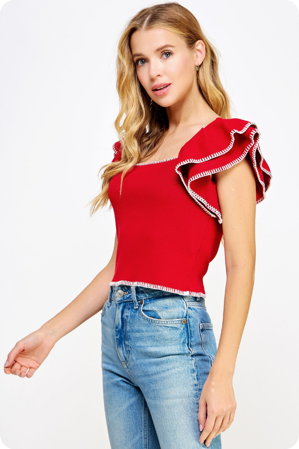 Maya Flutter Sleeve Top in Red