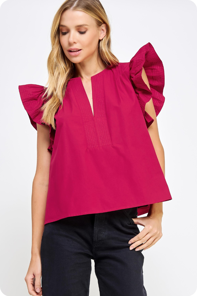 Magnolia Flutter Sleeve Top in Burgundy