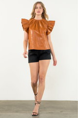 Josie Vegan Leather Flutter Sleeve Top in Camel