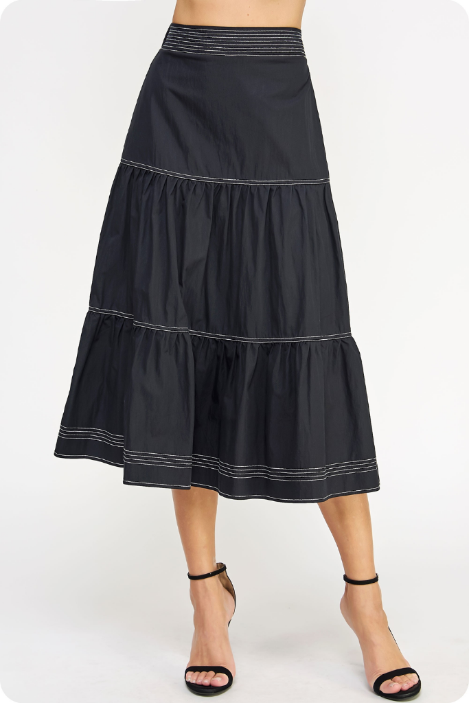 Cami Tiered Midi Skirt in Black