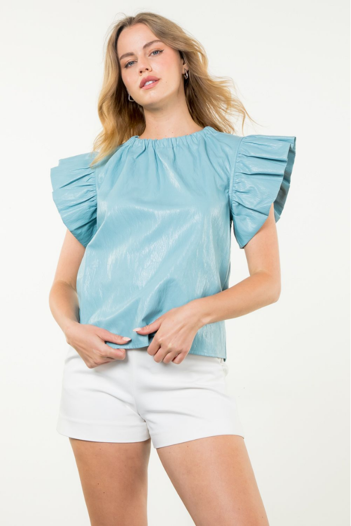 Josie Vegan Leather Flutter Sleeve Top in Light Blue