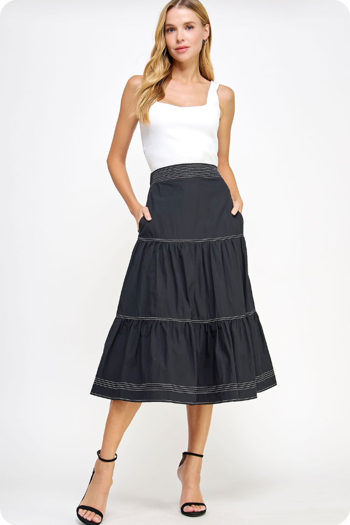 Cami Tiered Midi Skirt in Black