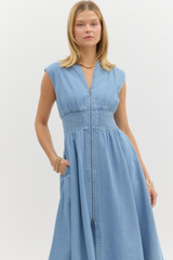 Elizabeth Denim Zip Front Midi Dress