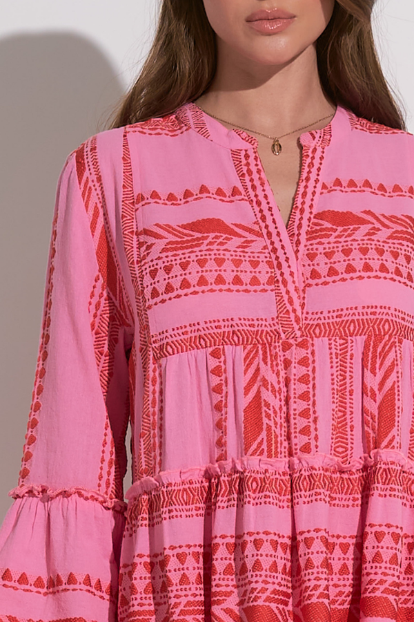 Mika Linen Aztec Mini Dress in Pink Red