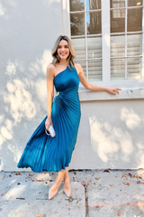 One shoulder pleated dress in blue