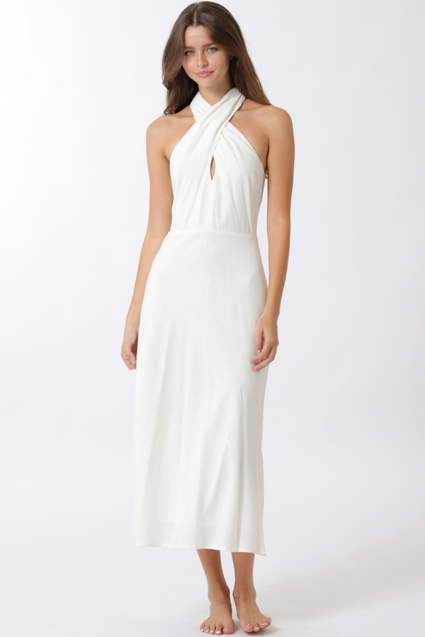 slim fit dress slacks Eden halter midi dress in white – Julie's Clothing
