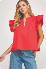 Cassie flutter sleeve top in red